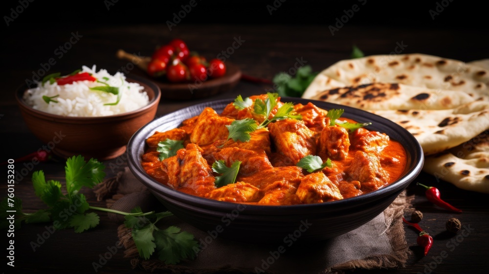 Traditional Indian curry dish, Chicken Tikka Masala, served with basmati rice and fresh naan bread on rustic wooden backdrop
