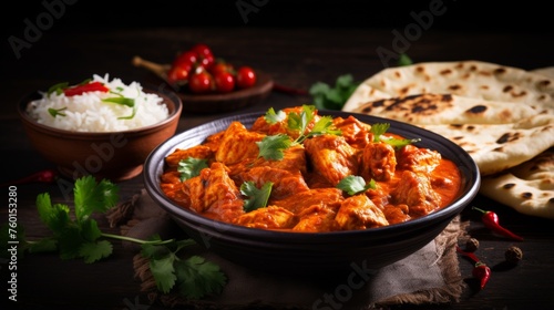 Traditional Indian curry dish  Chicken Tikka Masala  served with basmati rice and fresh naan bread on rustic wooden backdrop