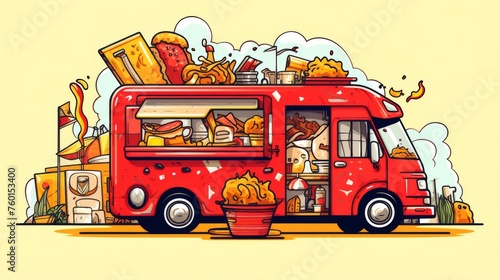 A lively and detailed illustration capturing the buzz around a vibrant food truck
