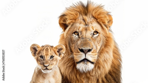 Male lion and cub portrait, text space on left, object on right for balanced composition