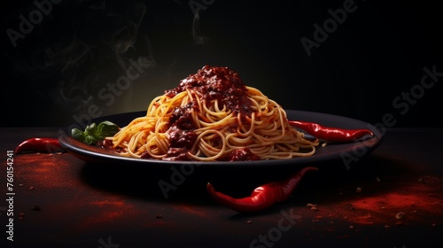 Steamy spaghetti bolognese surrounded by chili peppers and a smoky background adding a hint of mystery and spice to the dish photo