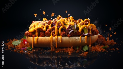 A succulent chili cheese hotdog with flying cheese and chili bits against a dark backdrop, perfect for culinary excitement