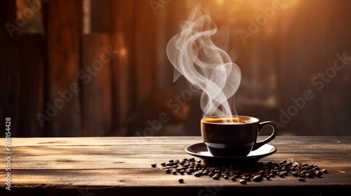 Sunlight casts a soft glow on a hot cup of coffee, with steam spiraling upwards