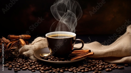 This composition captures an aromatic cup of coffee accompanied by beans and spices, exuding a sense of comfort