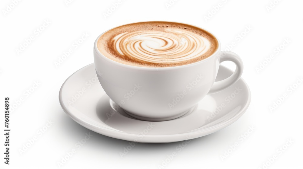 Expertly poured latte with a spiral foam design presented on a white background for a clean aesthetic Expertly poured latte with a spiral foam design presented on a white background for a clean aesthetic
