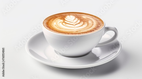 Perfect cappuccino with heart-shaped foam on top, white ceramic cup against clean background