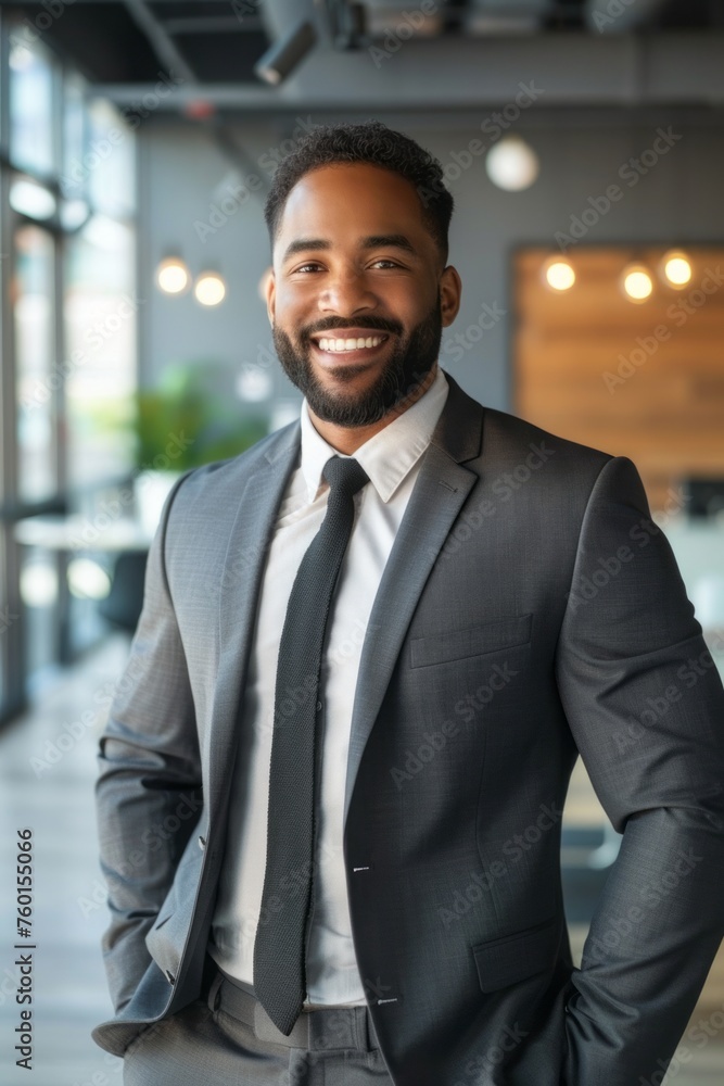 An accomplished business individual in formal attire, smiling confidently in a modern office interior, showcasing success and collaboration in a diverse corporate setting.