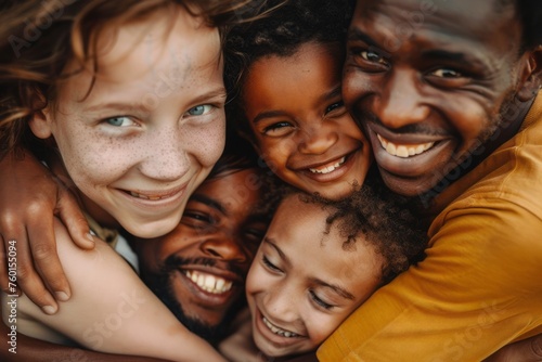 An adoptive family of different ethnicities sharing a hug, portraying the love and diversity in modern families. photo
