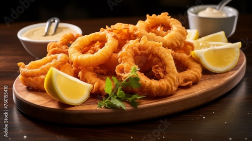 Delectable crispy fried calamari rings served with lemon wedges and dipping sauce on a rustic wooden board  perfect for seafood lovers