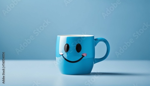 Blue Monday concept with cute small blue mug, smiling face emoji, on blue background, banner layout with copy space
