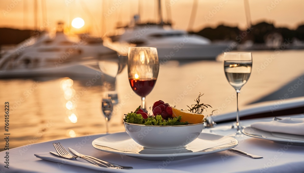 Table set for a romantic lunch on luxury yacht during sunset - obrazy, fototapety, plakaty 
