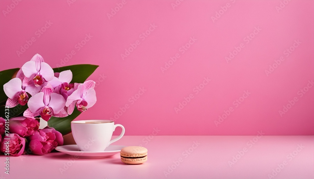 Valentine's Day flower composition with pink orchid, coffee cup, and macaroon on pastel background Valentine's Day flower composition with pink orchid, coffee cup, and macaroon on pastel background