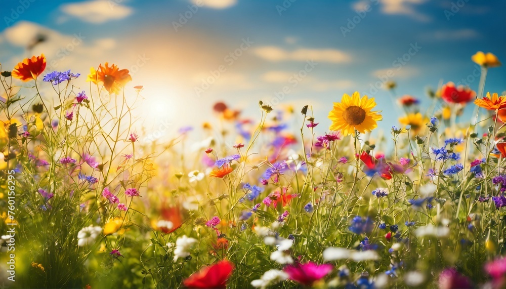 Summer greeting card concept with vibrant wildflowers, sunbeams, and blue sky, bokeh lights background