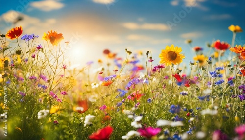 Summer greeting card concept with vibrant wildflowers, sunbeams, and blue sky, bokeh lights background