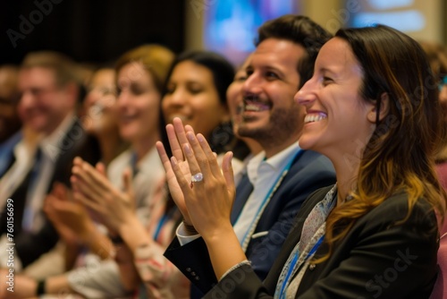 Business people seated together in a convention hall, clapping joyfully during a seminar, expressing their happiness and the success of the conference event.