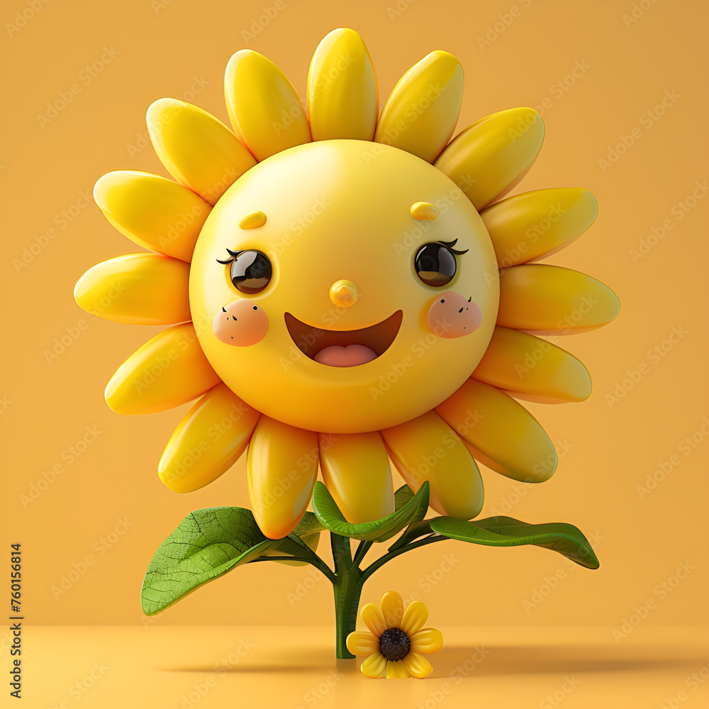 smiling sunflower with a smile, 3D Cute flower cartoon character 