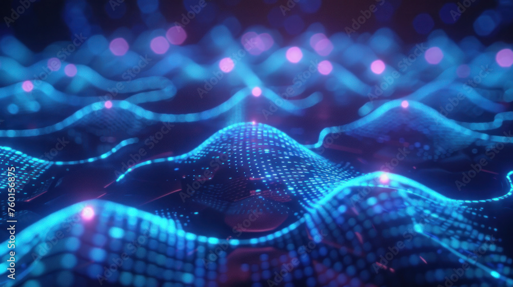 Network blue shape with connected lines and glow spheres. Modern technology background. Seamless loop 3D render smooth animation. Generative AI - obrazy, fototapety, plakaty 