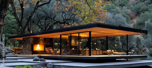 Elegant modern black loft house featuring a steel frame pavilion with breathtaking nature view