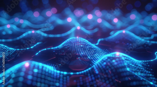 Network blue shape with connected lines and glow spheres. Modern technology background. Seamless loop 3D render smooth animation. Generative AI photo