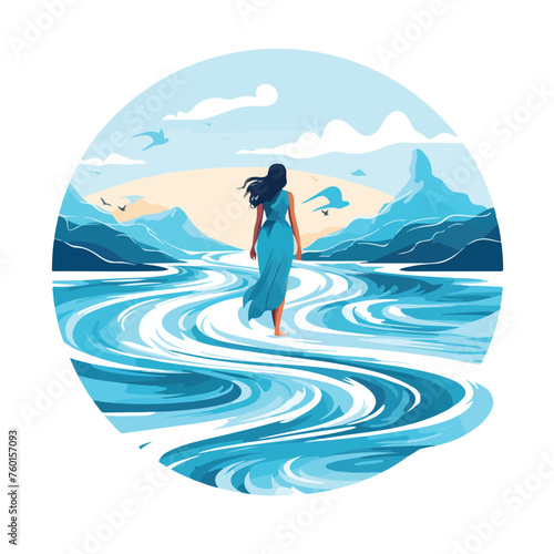 Woman walking into blue water flat vector illustrat