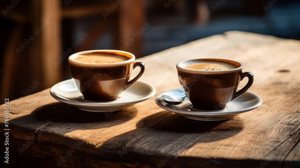 Inviting image of two steaming coffee cups on a sturdy wooden table, highlighted by gentle sunlight