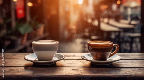 Serene photo of two coffee cups set on a café table, illuminated by a captivating sunset backlight