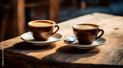 Inviting image of two steaming coffee cups on a sturdy wooden table  highlighted by gentle sunlight
