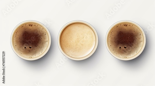 Overhead view of three different coffee cups showcasing various stages of milk blend and intensity on a white background