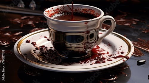 Dramatic visualization of black coffee spilling from a cup in a chaotic splash  suggestive of movement and energy