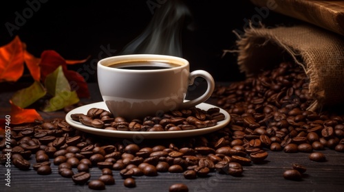 A classic scene of a steaming coffee cup with beans, accompanied by autumn leaves and a rustic, unrefined background