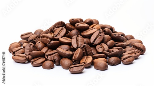Close-up shot of a pile of aromatic roasted coffee beans on a pristine white background