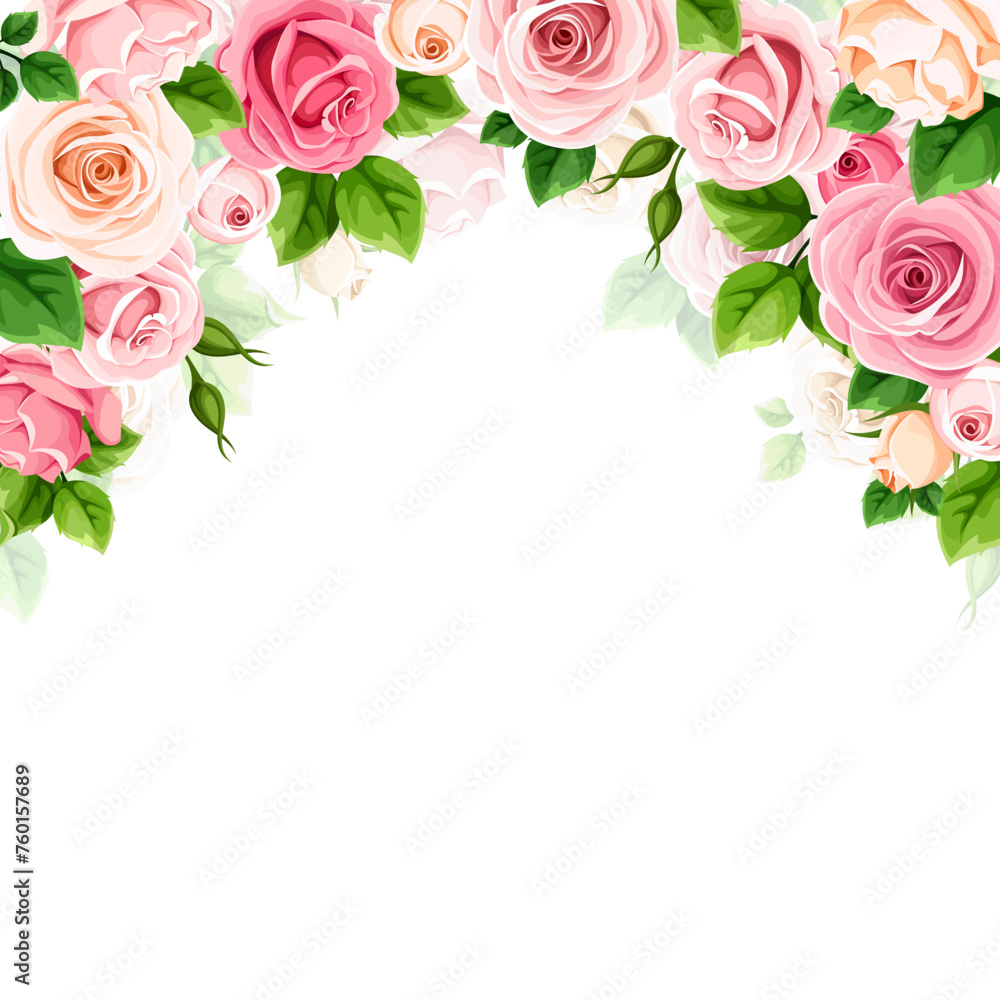 Background frame with pink and white rose flowers. Vector roses card design