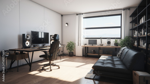 Simple and clean gaming room with a monitor, sofa, speakers and an ergonomic chair besides window.