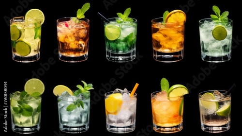 Diverse mixed drink illustrations on a black backdrop, perfect for various festive design purposes