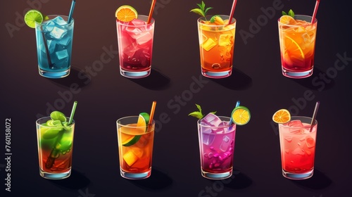 A collection of eight stylized and vibrant illustrations of assorted iced beverages on a dark background, appealing to refreshment and summer vibes