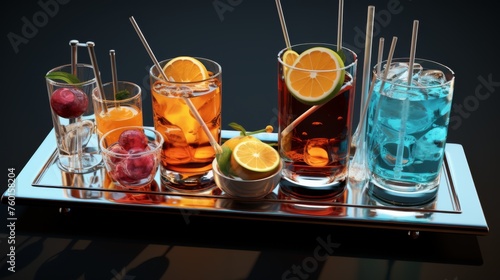 An eye-catching array of five colorful cocktails served on a reflective tray showcasing refreshing fruits and ice