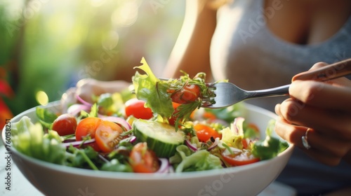 Sun-drenched image of a woman enjoying a bowl of a mixed salad, highlighting the concept of freshness and vitality