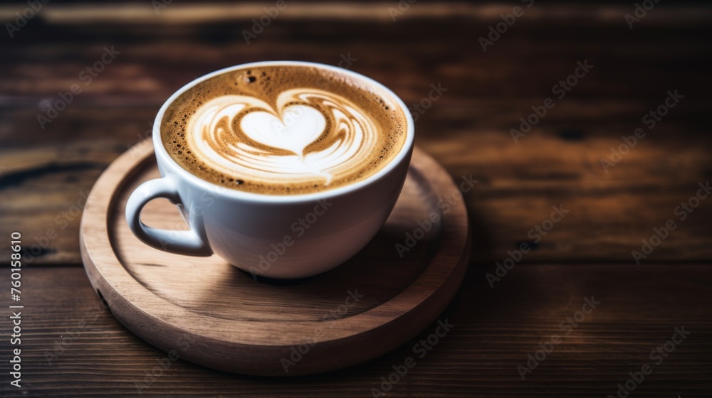 A fresh latte with a perfect heart-shaped foam art presented on a circular wooden coaster on a wooden table A fresh latte with a perfect heart-shaped foam art presented on a circular wooden coaster on a wooden table