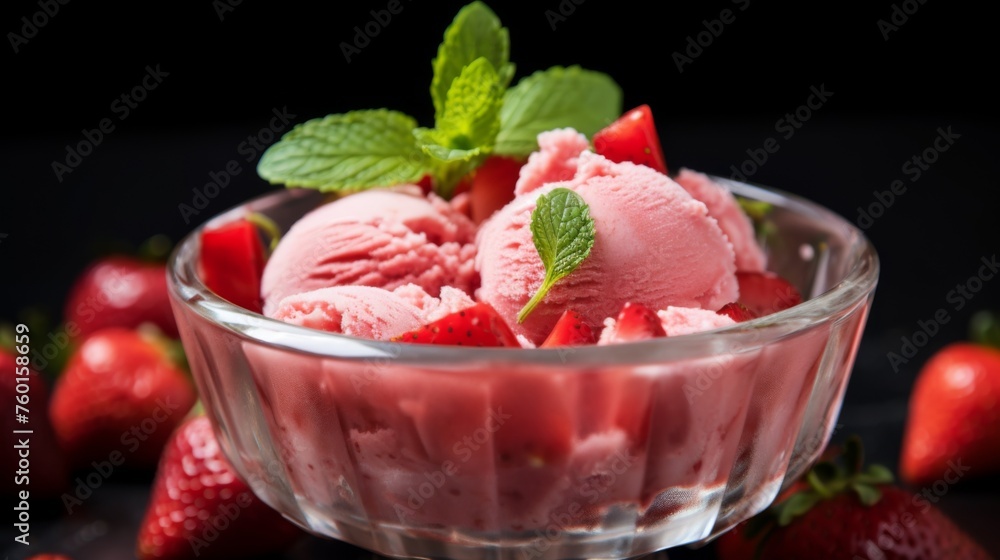 A bowl of strawberry ice cream garnished with fresh mint and strawberries against a black background A bowl of strawberry ice cream garnished with fresh mint and strawberries against a black background