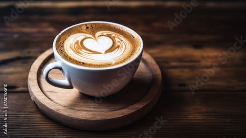 A fresh latte with a perfect heart-shaped foam art presented on a circular wooden coaster on a wooden table