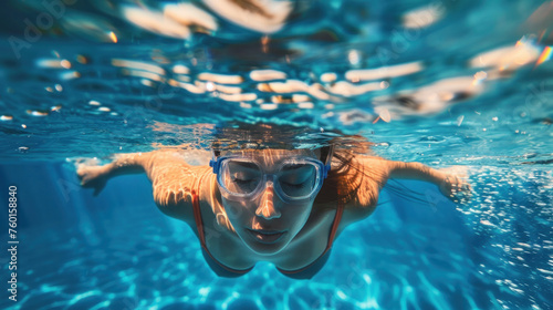 Water woman swim sport pool girl young underwater lifestyle person vacations blue female summer. Generative AI
