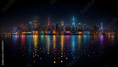 Colorful city lights in the night,  reflections on the river