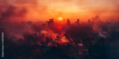 Urban sunset sky over a city skyline with smoke after bomb attacks. Concept City Destruction, Urban Warfare, Sunset Sky, Bomb Attacks, Smoke Over Skyline