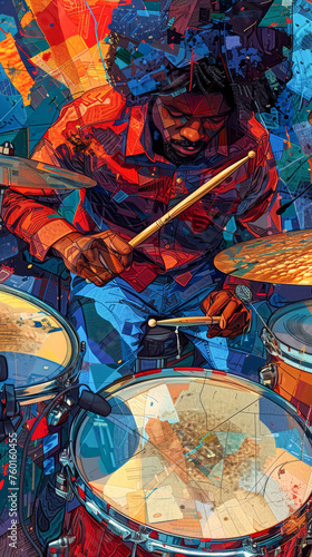 Jazz musician playing a drums in a New Orleans jazz club, abstract cubist style.