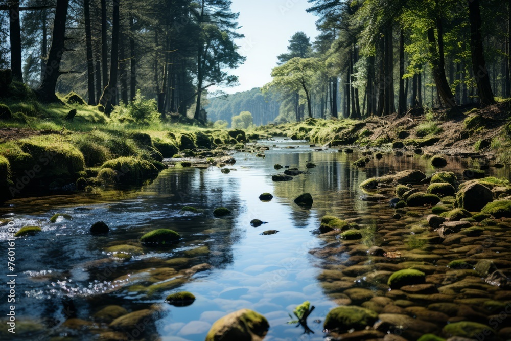 A river flows through a forest, surrounded by trees, rocks, and natural beauty