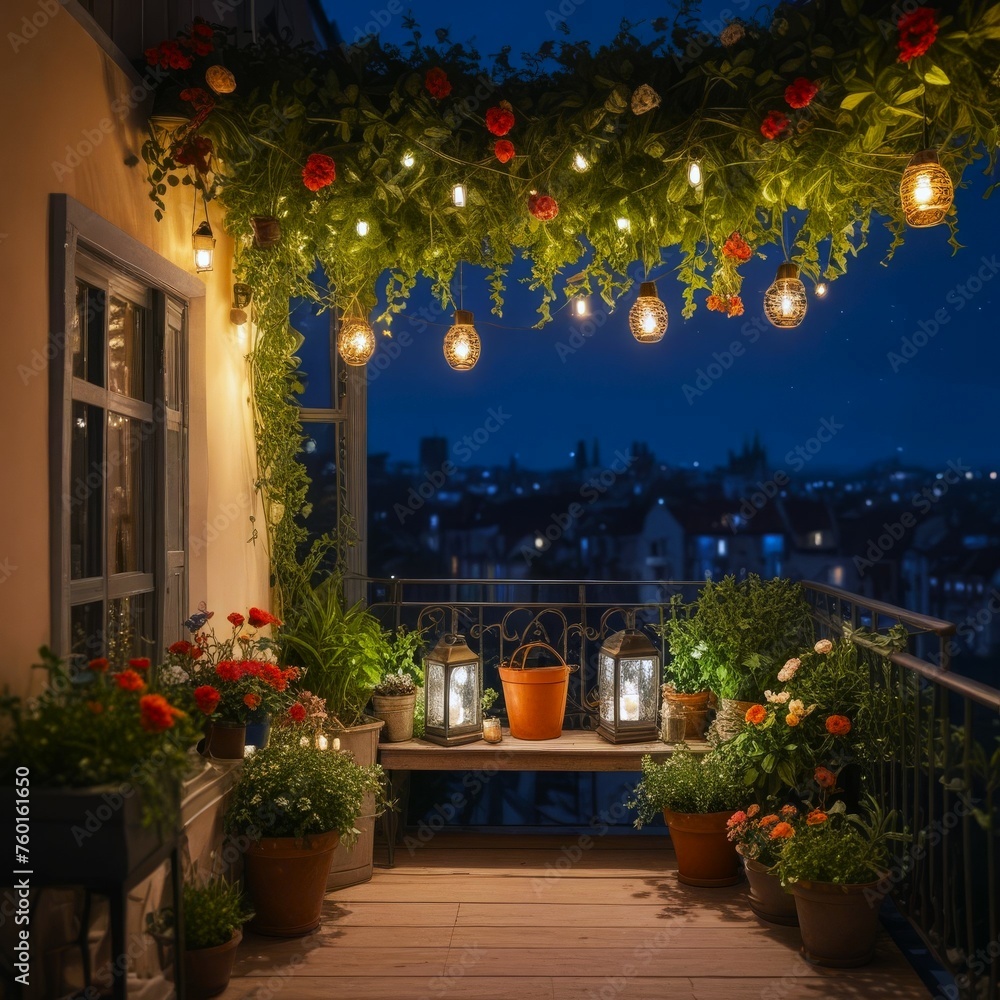 beautifully decorated balcony with potted plants, greenery, hanging lanterns in warm light, cityscape under night sky in background. concepts: balcony garden, nighttime serenity, urban oasis, lamp day