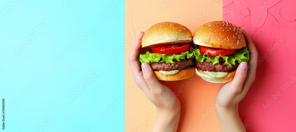 Hands holding burger on soft colored background with ample space for text placement Hands holding burger on soft colored background with ample space for text placement