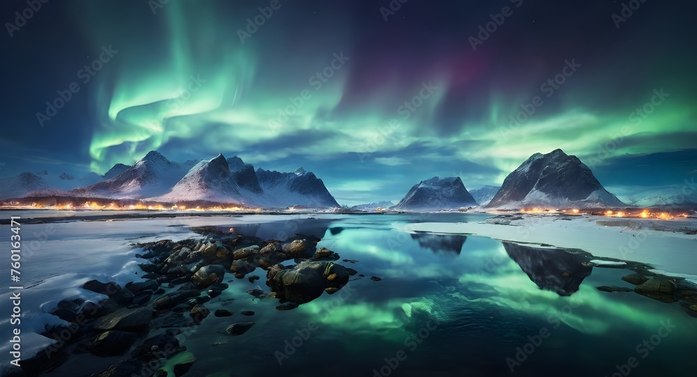 Naklejka premium Aurora borealis on the Lofoten islands, Norway. Night sky with polar lights. Night winter landscape with aurora and reflection on the water surface. Natural background