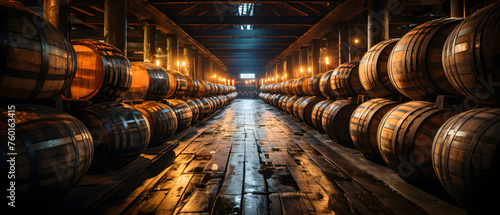 Whiskey, bourbon, scotch barrels in an aging facility