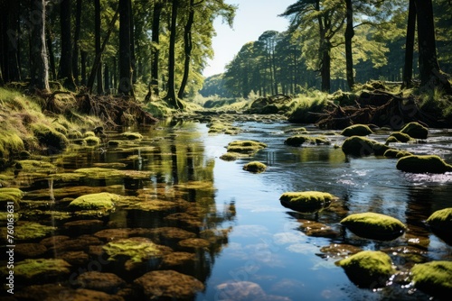 Watercourse flowing through a forest with trees, rocks, and riparian zone photo